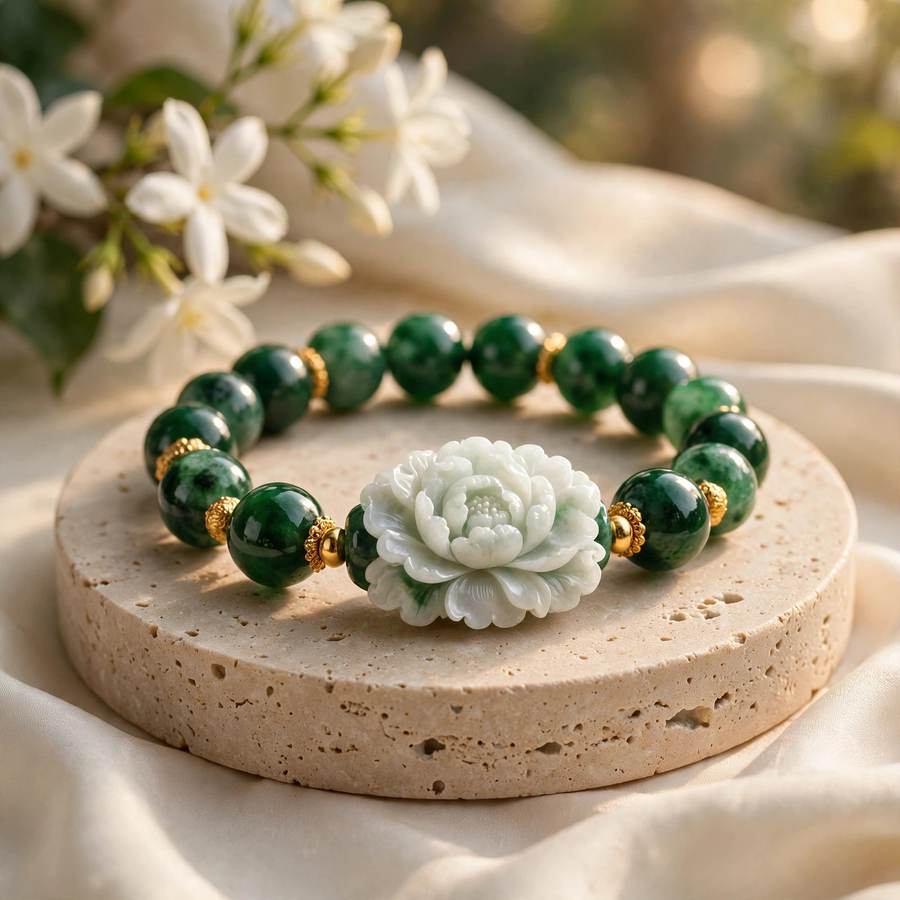 Vòng tay ngọc phỉ thúy chạm hoa mẫu đơn